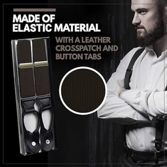 Hold’Em 1 ¼ Fancy Stripe and Solid Suspenders for Men Leather Button-Shadow Tan - Picture 4 of 7
